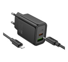 Сетевое зарядное устройство с кабелем HOCO N61 Gentle PD20W+QC3.0 charger set(C to iP) Black (6942007644259)