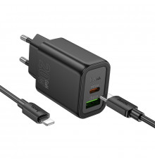 Мережевий зарядний пристрій з кабелем HOCO N61 Gentle PD20W+QC3.0 charger set(C to iP) Black (6942007644259)
