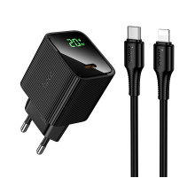 Мережевий зарядний пристрій з кабелем HOCO CS82A Excellent single port PD20W charger with digital display set(C to iP) Black (6942007664509)