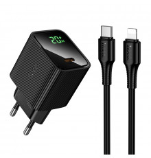 Мережевий зарядний пристрій з кабелем HOCO CS82A Excellent single port PD20W charger with digital display set(C to iP) Black (6942007664509)