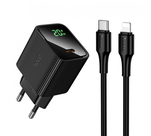 Мережевий зарядний пристрій з кабелем HOCO CS82A Excellent single port PD20W charger with digital display set(C to iP) Black (6942007664509)