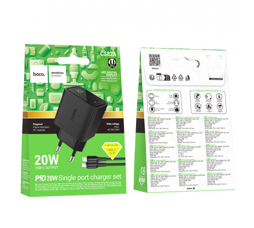 Мережевий зарядний пристрій з кабелем HOCO CS82A Excellent single port PD20W charger with digital display set(C to iP) Black (6942007664509)