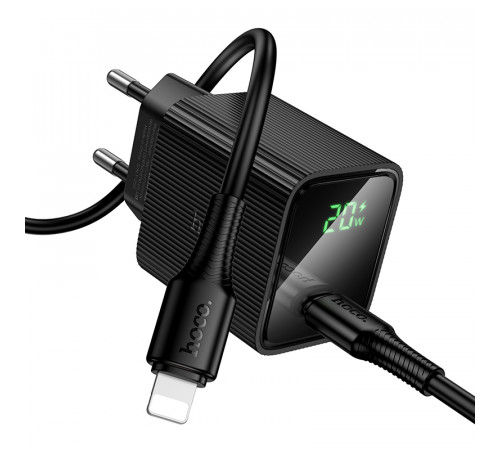 Мережевий зарядний пристрій з кабелем HOCO CS82A Excellent single port PD20W charger with digital display set(C to iP) Black (6942007664509)