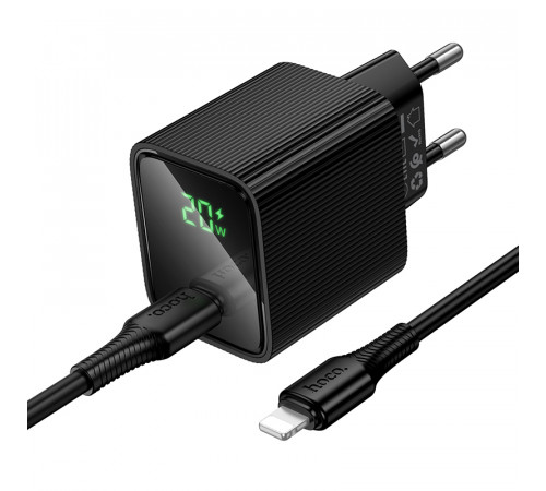 Мережевий зарядний пристрій з кабелем HOCO CS82A Excellent single port PD20W charger with digital display set(C to iP) Black (6942007664509)