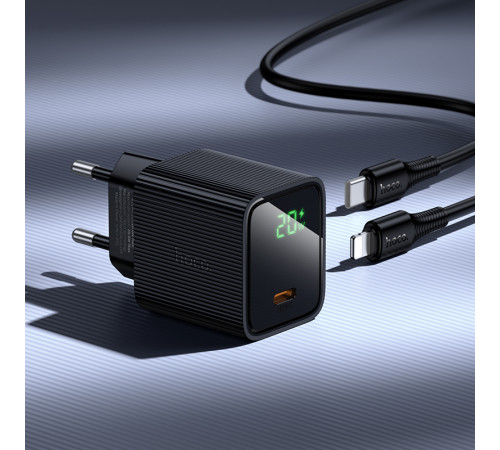 Мережевий зарядний пристрій з кабелем HOCO CS82A Excellent single port PD20W charger with digital display set(C to iP) Black (6942007664509)