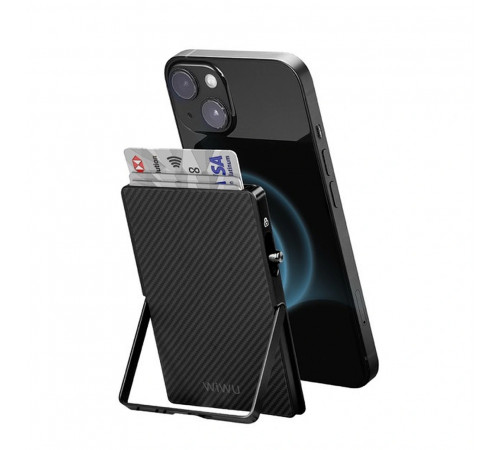 Картхолдер WIWU Warriors Carbon Magsafe Metal Stand Card Holder MW-007 Black (6977703654622)