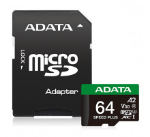 Карта пам'яті microSDXC (UHS-1 U3) A-DATA SPEED PLUS 64Gb Class 10 V30 A2 (R-160Mb/s W140Mb/s) (adapter SD) (UD64GUI3V30A2SP-RA1)