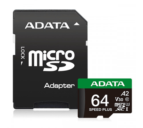 Карта пам'яті microSDXC (UHS-1 U3) A-DATA SPEED PLUS 64Gb Class 10 V30 A2 (R-160Mb/s W140Mb/s) (adapter SD) (UD64GUI3V30A2SP-RA1)