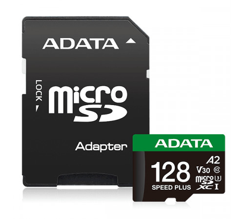 Карта пам'яті microSDXC (UHS-1 U3) A-DATA SPEED PLUS 128Gb Class 10 V30 A2 (R-180Mb/s W160Mb/s) (adapter SD) (UD128GUI3V30A2SP-RA1)