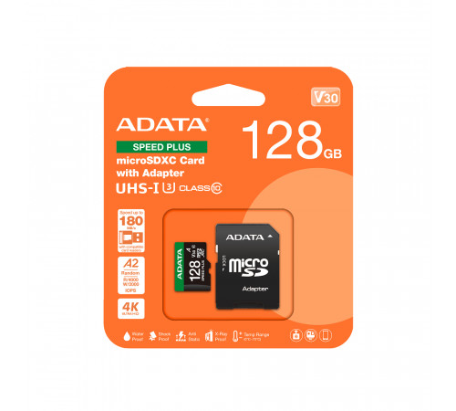 Карта пам'яті microSDXC (UHS-1 U3) A-DATA SPEED PLUS 128Gb Class 10 V30 A2 (R-180Mb/s W160Mb/s) (adapter SD) (UD128GUI3V30A2SP-RA1)