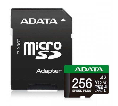 Карта пам'яті microSDXC (UHS-1 U3) A-DATA SPEED PLUS 256Gb Class 10 V30 A2 (R-180Mb/s W160Mb/s) (adapter SD) (UD256GUI3V30A2SP-RA1)
