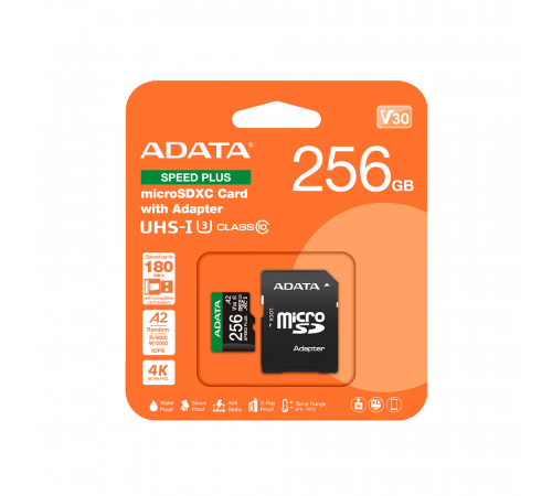 Карта пам'яті microSDXC (UHS-1 U3) A-DATA SPEED PLUS 256Gb Class 10 V30 A2 (R-180Mb/s W160Mb/s) (adapter SD) (UD256GUI3V30A2SP-RA1)