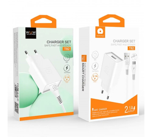 Мережевий зарядний пристрій з кабелем WUW-T82 Single USB home charger set iP (6972573336555)