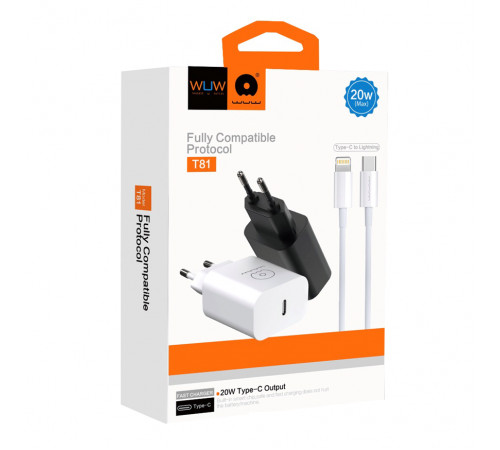 Мережевий зарядний пристрій з кабелем WUW-T81L PD 20W USB C fast charger +USB C to Lightning cable kit (6972573335503)