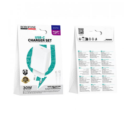 Мережевий зарядний пристрій з кабелем BOROFONE BAS75A Source single port PD30W charger set (C to C) (EU)White (6941991122866)