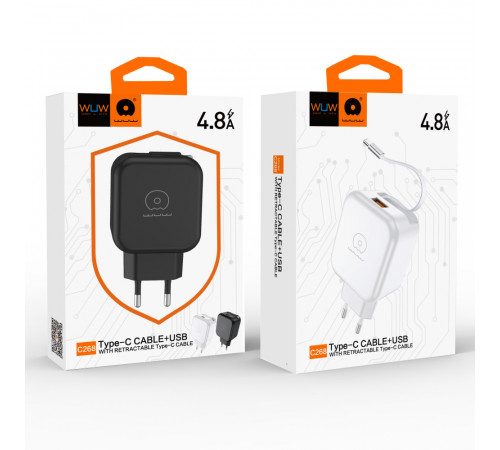 Мережевий зарядний пристрій з кабелем WUW-C268 12W fast charger USB A +retractable 70cm type c Cable (6978749570044)