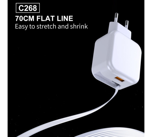 Мережевий зарядний пристрій з кабелем WUW-C268 12W fast charger USB A +retractable 70cm type c Cable (6978749570044)