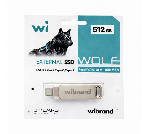 Портативний SSD Wibrand Wolf 512GB USB 3.2 Gen.2 Type-C/Type-A Read/Write 1000MB/s Silver (WIEXSSD/WO512GB)