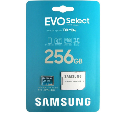 Карта пам'яті microSDXC (UHS-І U3) Samsung EVO Select 256Gb class 10 A2 V30 (R130MB/s, W30MB/s) (adapter SD) (MB-ME256KA/EU)