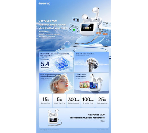 Бездротові навушники Remax W20 Touch Screen ENC CozyBuds