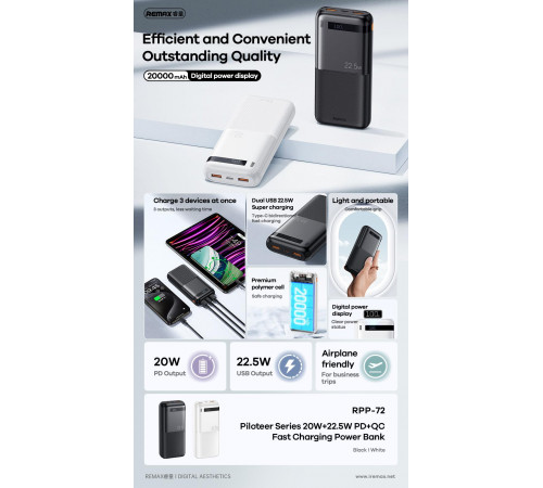 УМБ Power Bank Remax RPP-72 Piloteer Series 20000mAh PD20W+QC22.5W