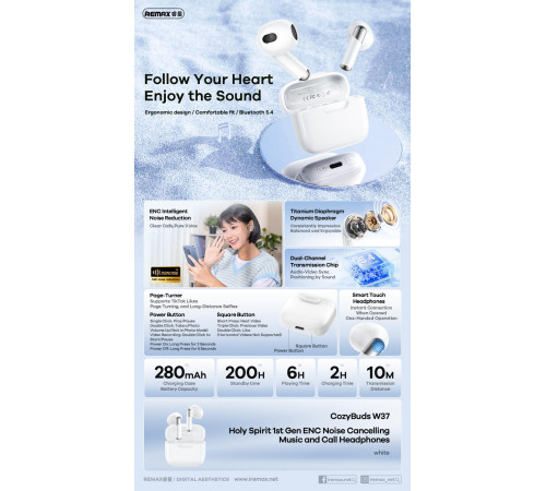 Бездротові навушники Remax W37 Spirit Gen1 ENC Noise Cancelling CozyBuds