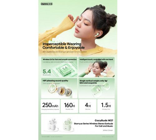 Бездротові навушники Remax W27 Starryue Series Stereo CozyBuds