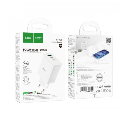 Мережевий зарядний пристрій Hoco C126A Pure power PD40W+QC3.0