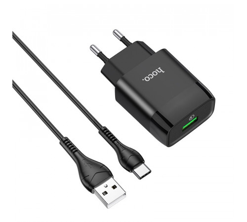 Мережевий зарядний пристрій з кабелем HOCO C72Q Glorious single port QC3.0 charger set(Type-C) 18W  Black (6931474732545)