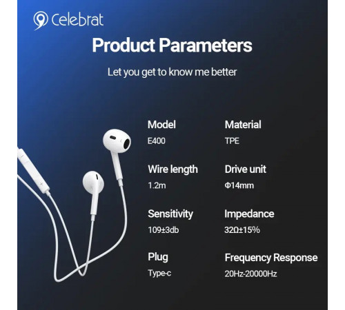 Навушники Celebrat E400 Type-C 1.2m