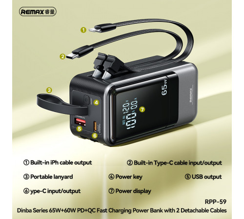 УМБ Power Bank Remax RPP-59 Dinba Series 20000mAh PD65W+QC60W (with cable Type-C+Lightning)