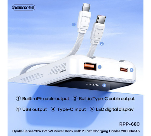 УМБ Power Bank Remax RPP-680 Cynlle Series 20000mAh PD20W+QC22.5W (with cable Type-C+Lightning)