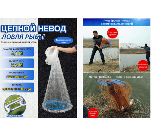 Рыболовная сеть  Кастинговая сеть для рыбалки с цепью           2,10   метр       1314    (20)