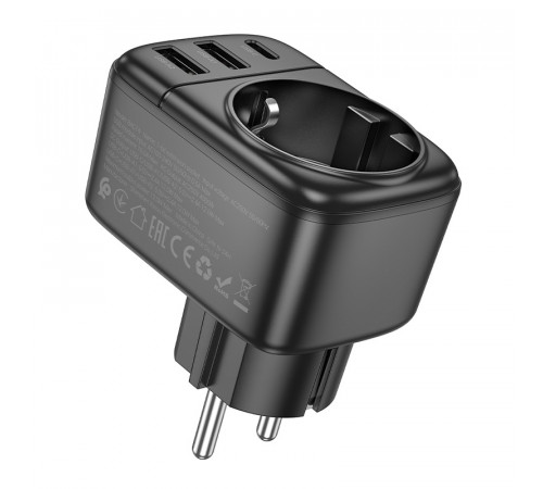 Мережевий фільтр BOROFONE BAC14 Wide 1-socket wall outlet (1C2A) (EU/GER) Black (6941991118890)