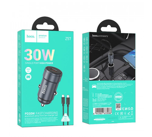 Автомобільний зарядний пристрій HOCO Z57 Glorious single-port PD30W car charger set (C to C) Metal Gray (6942007633086)