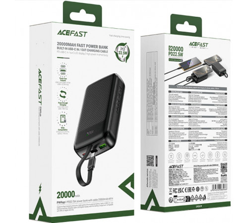 Зовнішній акумулятор ACEFAST M14 PD20W power bank with cable 20000mAh Black (6974316283966)