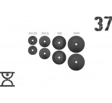 37 кг (2х1.25, 2х2.5, 2x5 и 2x10) дисков, покрытых пластиком (31 мм)