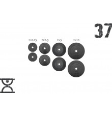 37 кг (2х1.25, 2х2.5, 2x5 та 2x10) дисків, покритих пластиком (31 мм)
