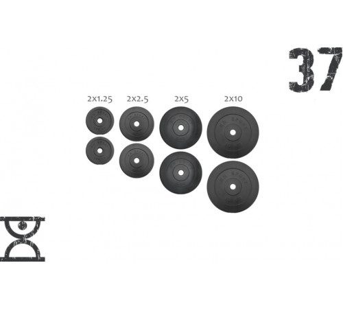 37 кг (2х1.25, 2х2.5, 2x5 и 2x10) дисков, покрытых пластиком (31 мм)