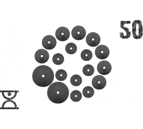 50 кг (2 по 10, 8 по 2,5, 8 по 1.25) дисков, покрытых пластиком (31 мм)