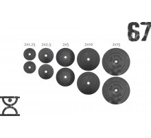 67 кг (2х1.25, 2х2.5, 2x5, 2х10 и 2x15) дисков, покрытых пластиком (31 мм)