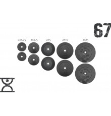 67 кг (2х1.25, 2х2.5, 2x5, 2х10 та 2x15) дисків, покритих пластиком (31 мм)