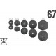 67 кг (2х1.25, 2х2.5, 2x5, 2х10 и 2x15) дисков, покрытых пластиком (31 мм)