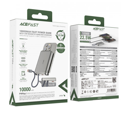 УМБ Power Bank AceFast M18 10000mAh PD20W (22.5W) з бездротовою зарядкою (with cable Type-C)