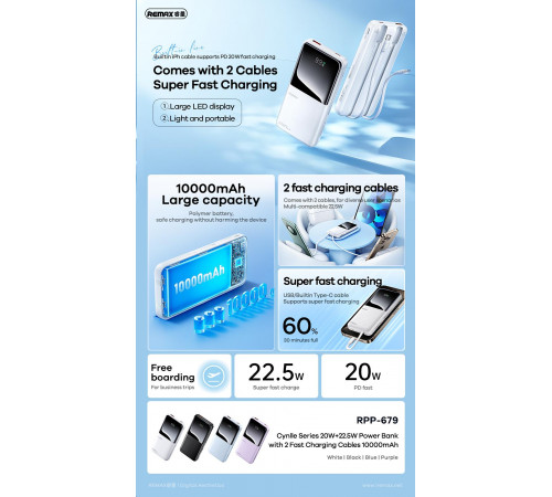 УМБ Power Bank Remax RPP-679 Cynlle 10000mAh PD20W+Q.C22.5W (with cable Type-C+Lightning)