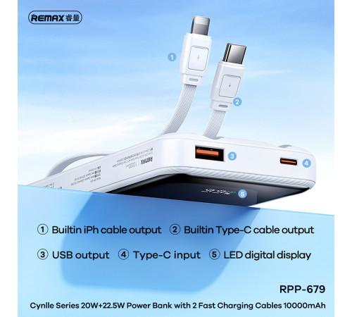 УМБ Power Bank Remax RPP-679 Cynlle 10000mAh PD20W+Q.C22.5W (with cable Type-C+Lightning)