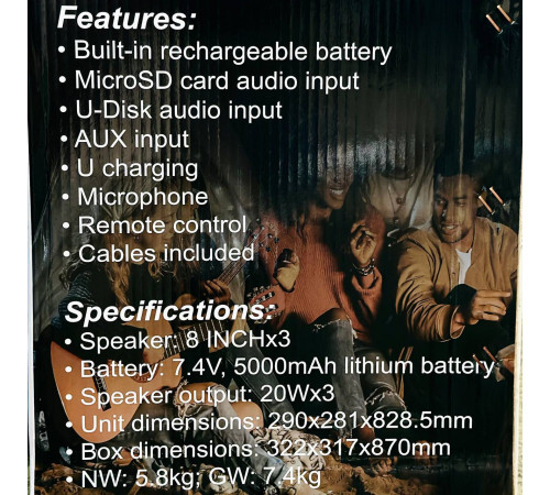 УЦІНКА Колонка Sing-e ZQS8313 RGB з мікрофоном 20W*3, 5000mAh (82,8*29,0*28,1 см) (Дефект в описі)