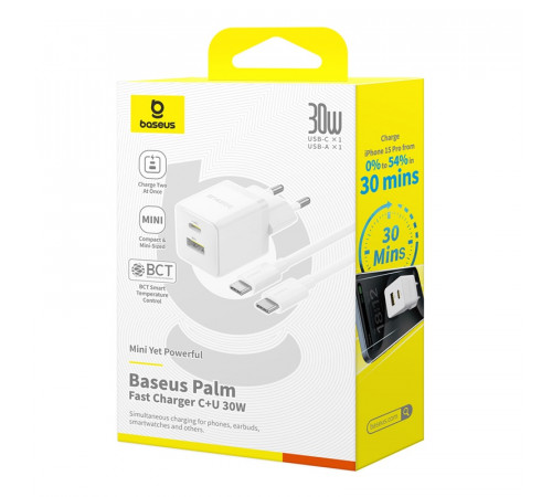 Мережевий зарядний пристрій з кабелем Baseus Palm Fast Charger C+U 30W EU Moon White (with USB-C to USB-C 60W (20V/3A) 1m Moon White) (P1011160A213-01)