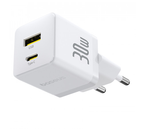 Мережевий зарядний пристрій з кабелем Baseus Palm Fast Charger C+U 30W EU Moon White (with USB-C to USB-C 60W (20V/3A) 1m Moon White) (P1011160A213-01)