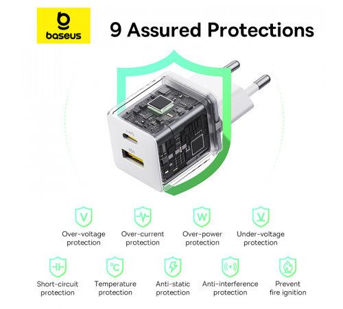 Мережевий зарядний пристрій з кабелем Baseus Palm Fast Charger C+U 30W EU Moon White (with USB-C to USB-C 60W (20V/3A) 1m Moon White) (P1011160A213-01)